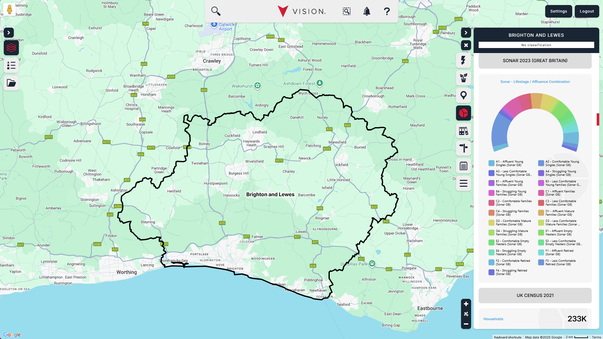 Brighton & Lewes territory map example using the Vision Platform