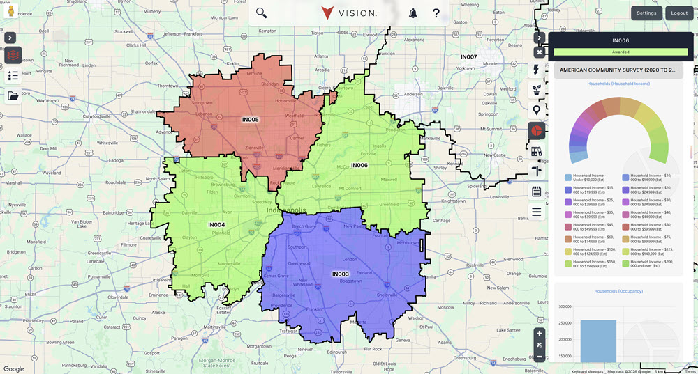 Map showing 4 territories and a demographic market profile in Vision