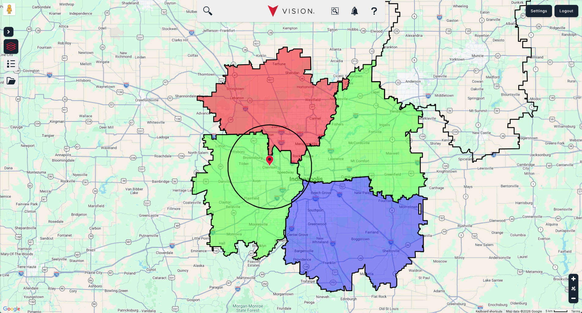 Territory checker map with three colored zones: red to the north, green centrally, and blue to the south. A black circle highlights a central point.